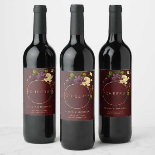 Winter flowers burgundy gold typography wedding wine label