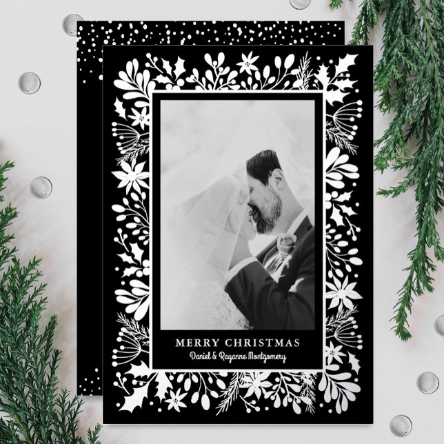 Winter Flowers Christmas Photo Foil Holiday Card (Winter floral border Merry Christmas photo holiday cards with real silver foil on black)