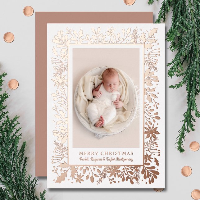 Winter Flowers Christmas Photo Foil Holiday Card (Creator Uploaded)