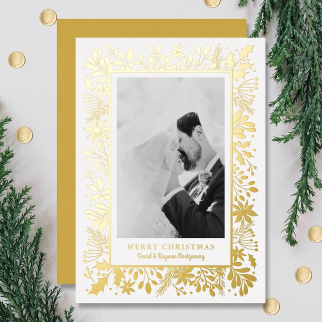 Winter Flowers Christmas Photo Foil Holiday Card (Creator Uploaded)