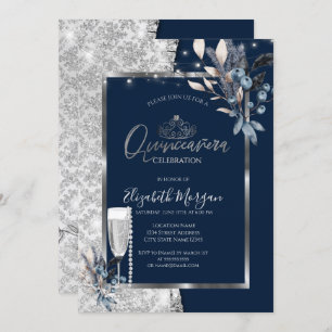 Winter Flowers,Glass Pearls Navy Blue Quinceanera Invitation