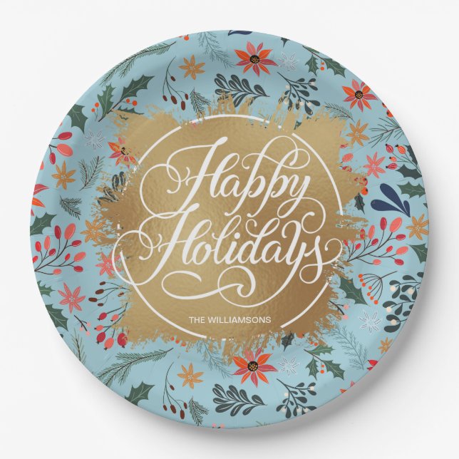 Winter Flowers Gold Faux Foil Happy Holidays Paper Plates (Front)