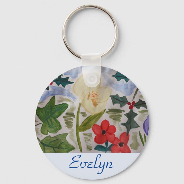 Winter Flowers & Holly Christmas Button Key Ring (Front)