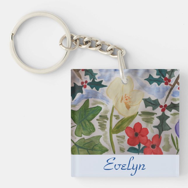 Winter Flowers & Holly Christmas  Keychain (Front)
