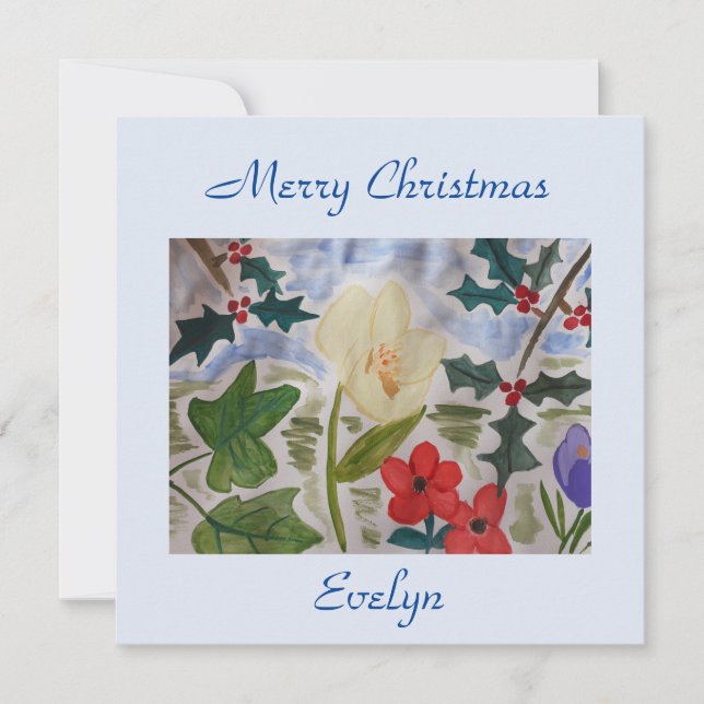Winter Flowers & Holly Flat Christmas Card (Front)