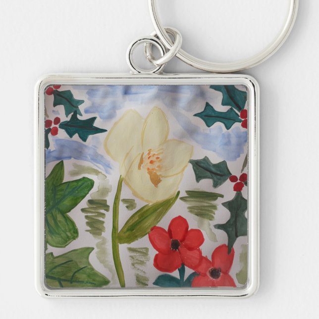 Winter Flowers & Holly Keychain (Front)