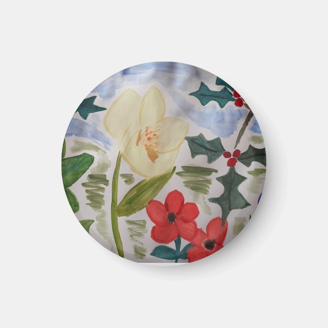 Winter Flowers & Holly Magnet (Front)