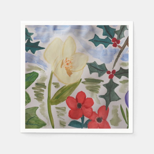 Winter Flowers & Holly Paper Plates Napkins (Front)