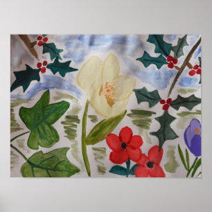 Winter Flowers & Holly Poster