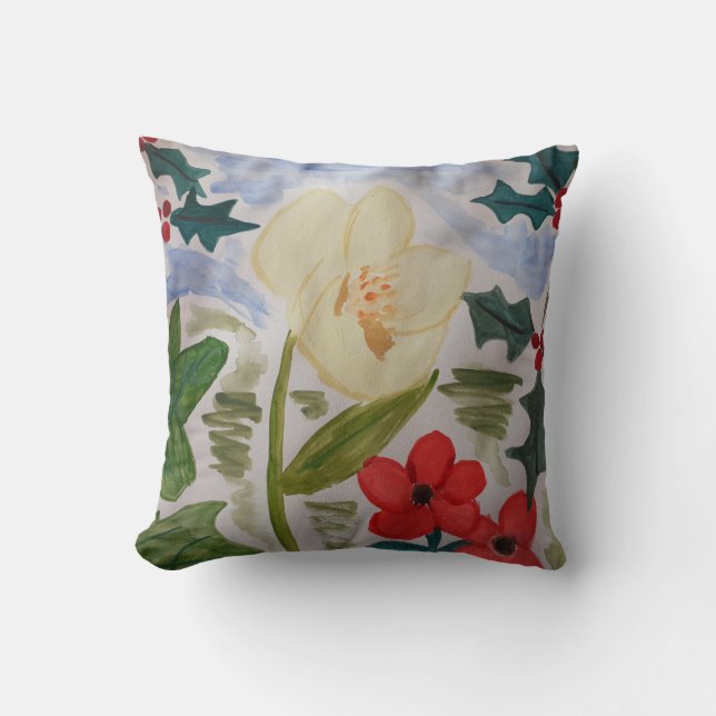 Winter Flowers & Holly Throw Pillow (Front)