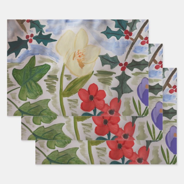 Winter Flowers & Holly Wrapping Paper Sheets (Set)