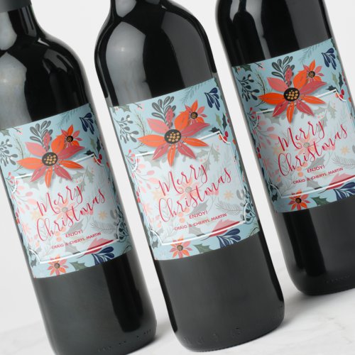 Winter Flowers Merry Christmas Holiday Wine Label
