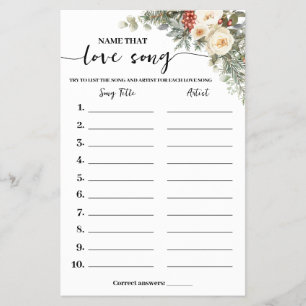Winter Flowers Name Love Song Shower Game Card Flyer