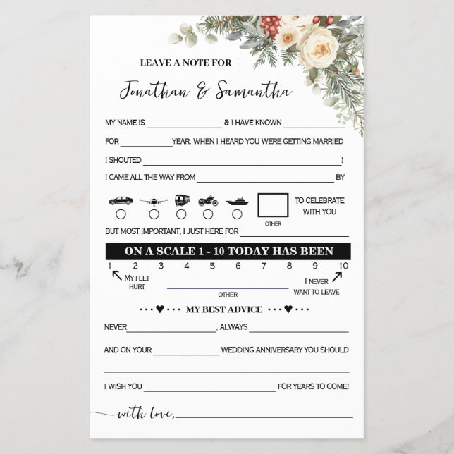 Winter Flowers Note for Couple Wedding Game Card Flyer (Front)