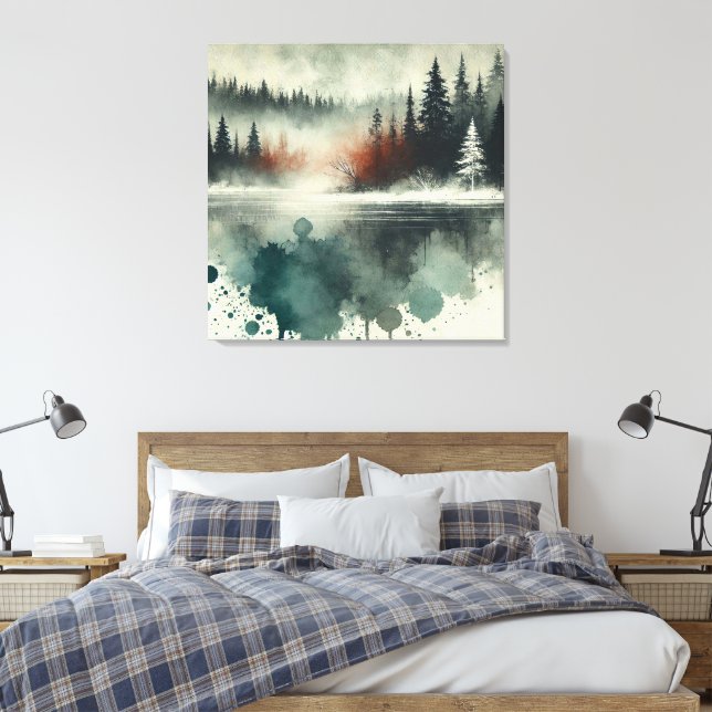 Winter Fog Mountain Forest with Red Sunset Accent Canvas Print (Insitu(Bedroom))
