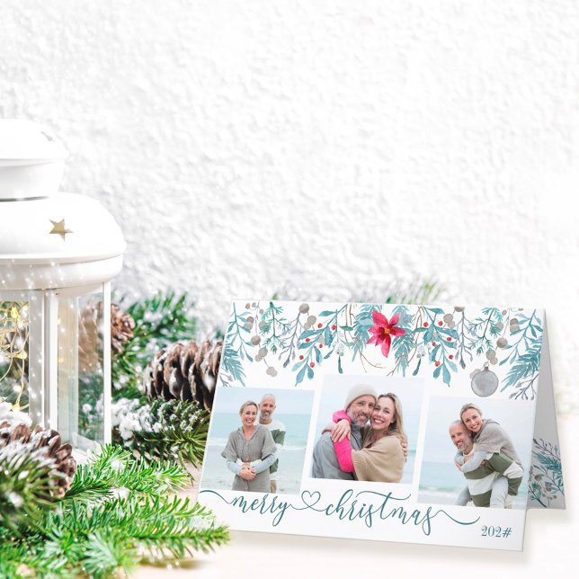 Winter Foliage 3 Photo Elegant Script Holiday Card (Creator Uploaded)
