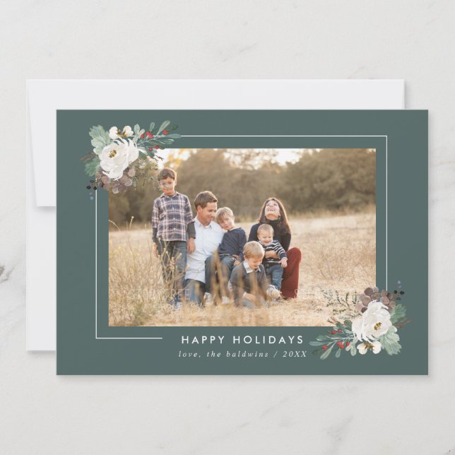 Winter Foliage and Florals Sage Green Photo Frame Holiday Card (Front)