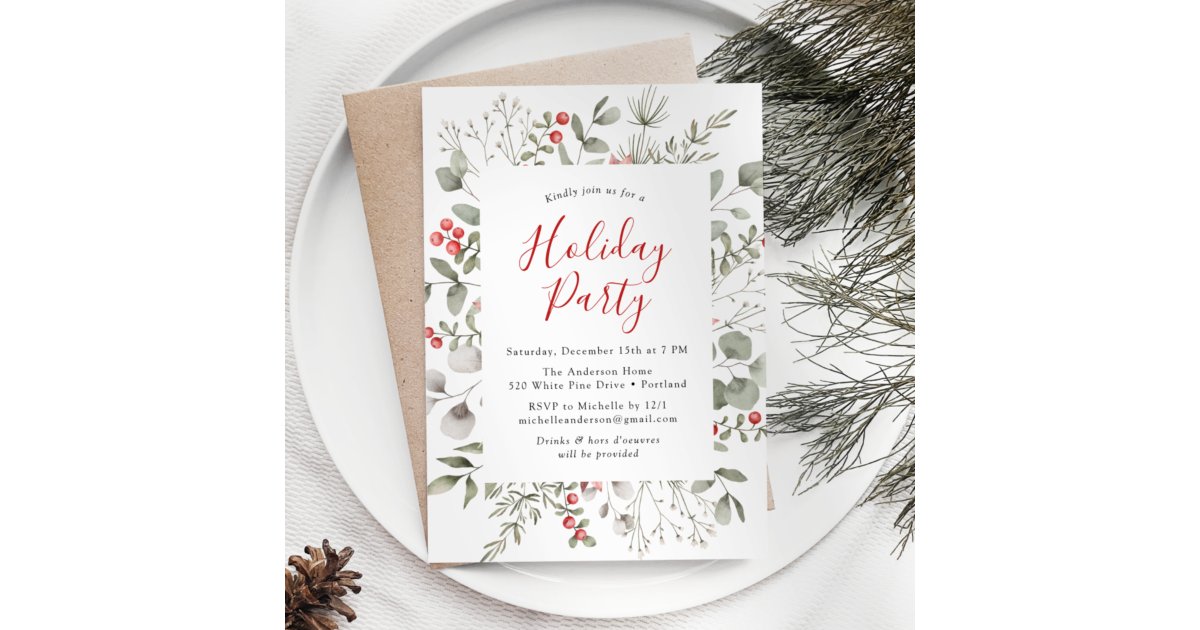 Winter Foliage and Holly Berries Holiday Party Invitation | Zazzle