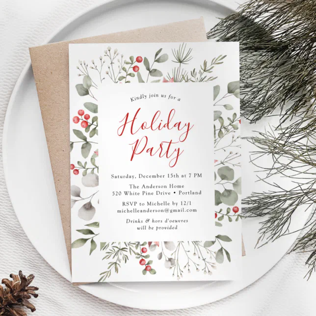 Winter Foliage and Holly Berries Holiday Party Invitation | Zazzle