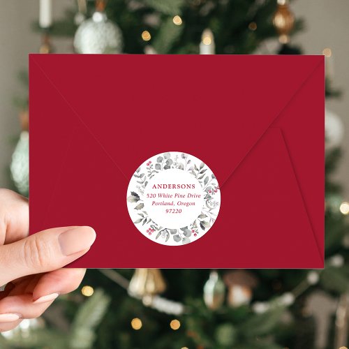 Winter Foliage and Holly Berries Return Address Classic Round Sticker