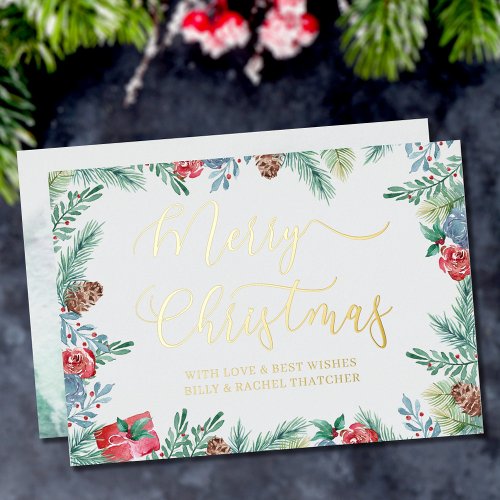 Winter Foliage and Pine Cone Border Gold Foil Holiday Card