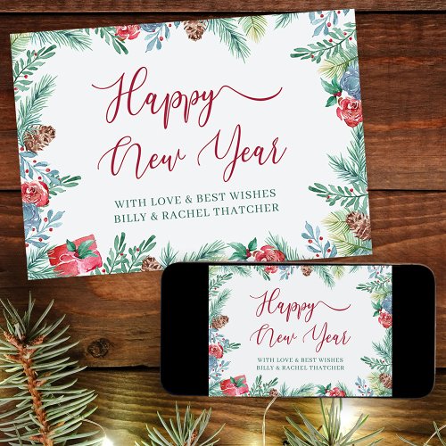 Winter Foliage and Pine Cone Border New Year Holiday Card