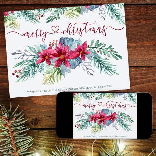 Winter Foliage and Poinsettia Watercolor Christmas Holiday Card