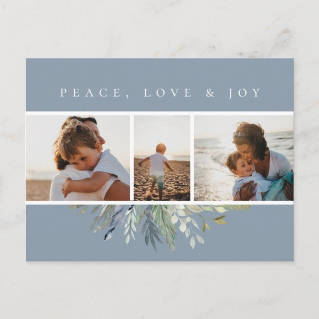 Winter Foliage Blue Photo Collage Holiday Postcard (Front)