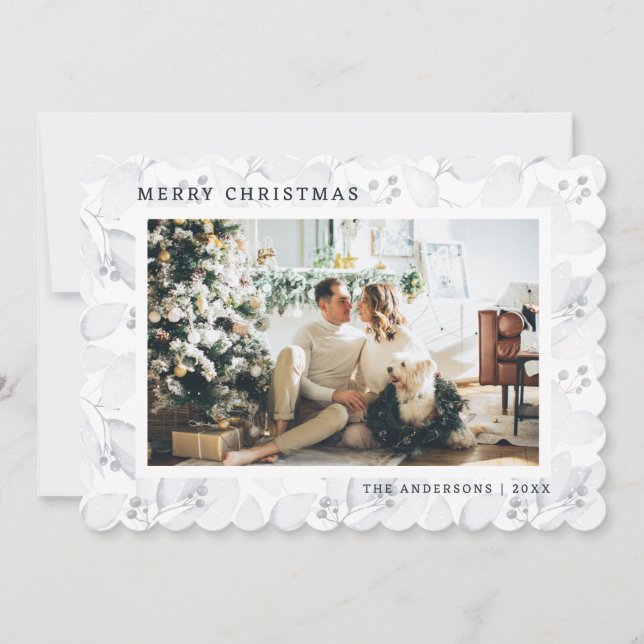 Winter Foliage Blue Photo Merry Christmas Card (Front)
