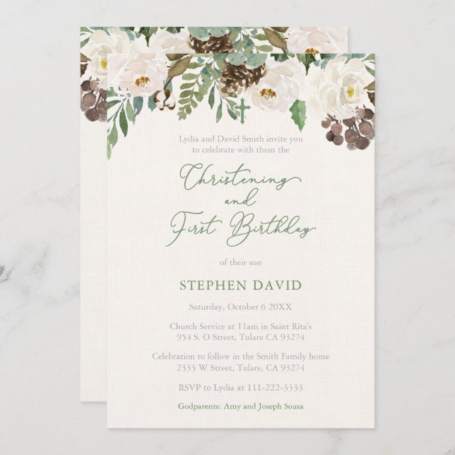 Winter Foliage Boy Christening 1st Birthday Party Invitation (Front/Back)
