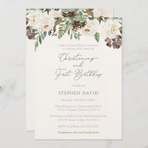 Winter Foliage Boy Christening 1st Birthday Party Invitation