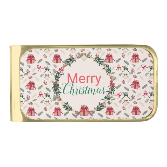 Winter Foliage Christmas Presents Gold Finish Money Clip (Front)