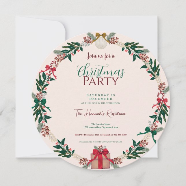 Winter Foliage Christmas Presents Wreath Invitation (Front)