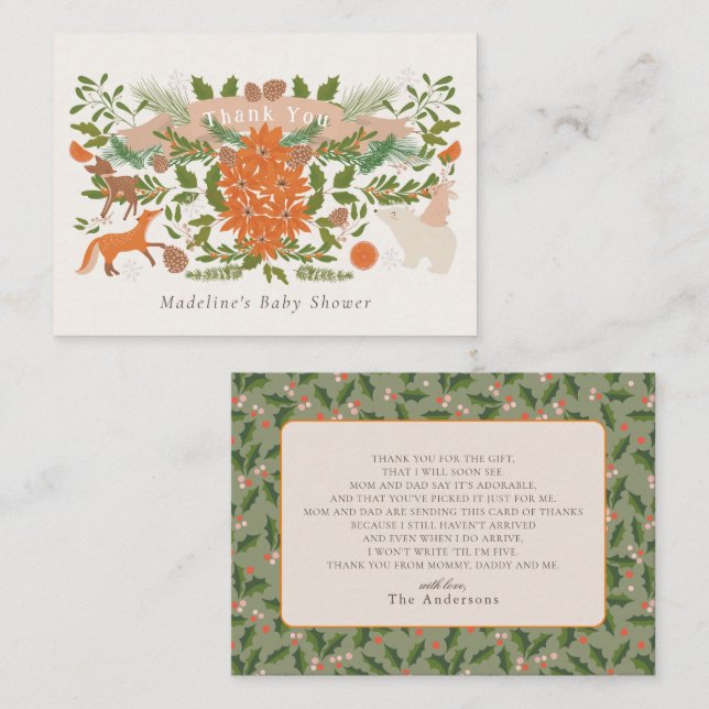 Winter Foliage Cream Baby Shower Thank You Note Card (Front/Back)