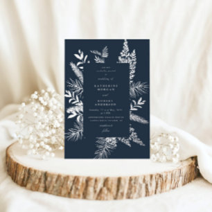 Winter Foliage Dark Blue Elegant Wedding Foil Invitation