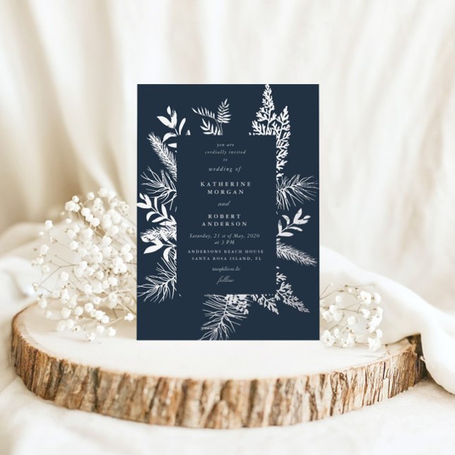 Winter Foliage Dark Blue Elegant Wedding Foil Invitation (Creator Uploaded)
