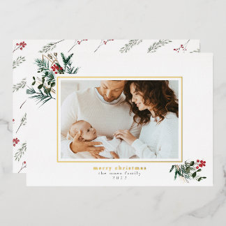 Winter Foliage Foil Frame Christmas Photo Card