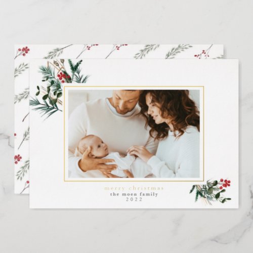 Winter Foliage Foil Frame Christmas Photo Card