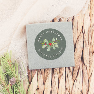 Winter Foliage Green Merry Christmas & Family Name Classic Round Sticker