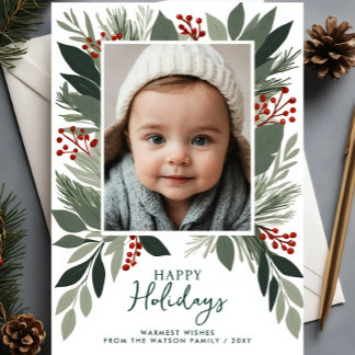 Winter Foliage Greenery Happy Holidays Photo Holiday Card