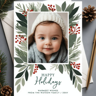 Winter Foliage Greenery Happy Holidays Photo Holiday Postcard