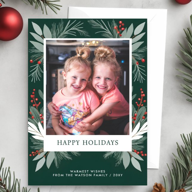Winter Foliage Greenery Happy Holidays Photo Holiday Postcard (Winter Foliage Greenery Happy Holidays Photo Holiday Card)