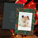 Winter Foliage Greenery Merry Christmas Photo Holiday Card<br><div class="desc">Make your holiday memories shine with our Photo Christmas Card. The winter foliage backdrop, adorned with holly berries, sets the perfect festive tone. A white overlay featuring a chic faux gold border elegantly frames your cherished photo. Customize with your holiday wishes and your family name in graceful handwritten script. Flip...</div>