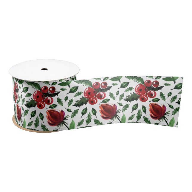 Winter Foliage Holly Berries Botanical Satin Ribbon (Spool)