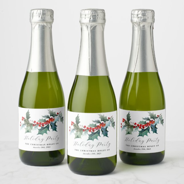 Winter Foliage Holly Berries Mini Champagne Labels (Bottles)