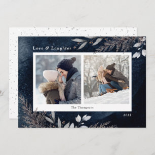Winter Foliage Navy Blue Watercolor 2 Photos Holiday Card