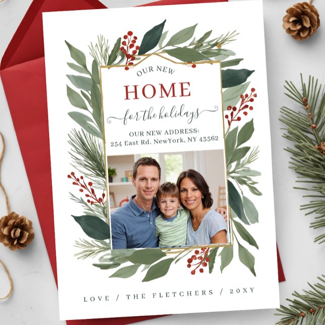 Winter Foliage New Home for Holidays Photo Moving Holiday Postcard (Winter Foliage New Home for Holidays Photo Moving Holiday Card)