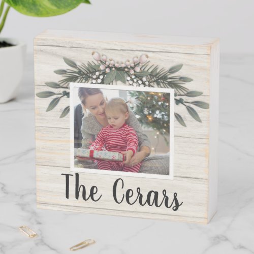 Winter foliage on shiplap photo frame template wooden box sign