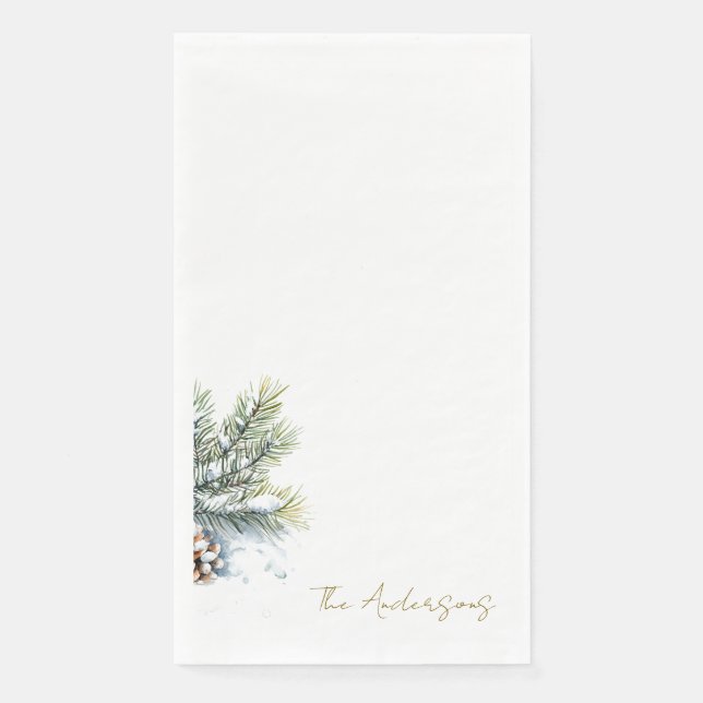Winter Foliage Personalized Holiday Script Paper Guest Towels (Front)