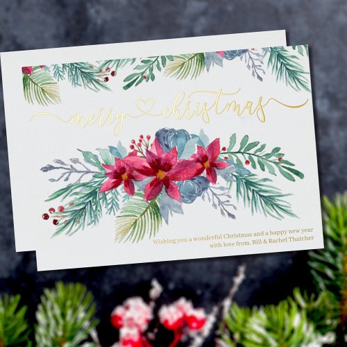 Winter Foliage Poinsettia Watercolor Garland Gold Foil Holiday Card